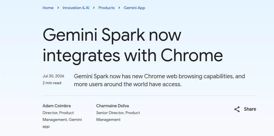 Google, Gemini Spark'ı Doğrudan Chrome Tarayıcısına Entegre Etti 1 google gemini sparki dogrudan chrome tarayicisina entegre etti