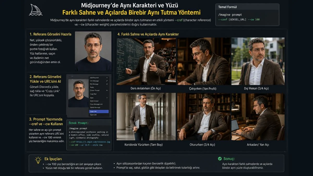 midjourneyde ayni karakteri ve yuzu farkli sahnelerde ve acilarda birebir ayni tutmanin yontemi 7