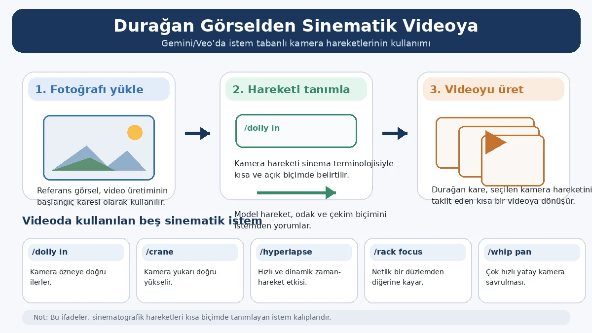 uretken yapay zeka ile duragan gorsellerin sinematik videolara donusturulmesi gemini veoda istem tabanli kamera hareketlerinin kullanimi